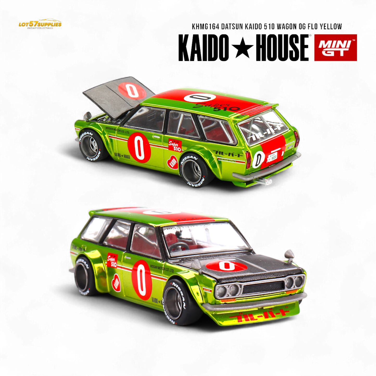 Mini GT Datsun 510 Wagon diecast model in yellow, 1:64 scale, showcasing detailed exterior from Lot57Supplies Diecast Shop