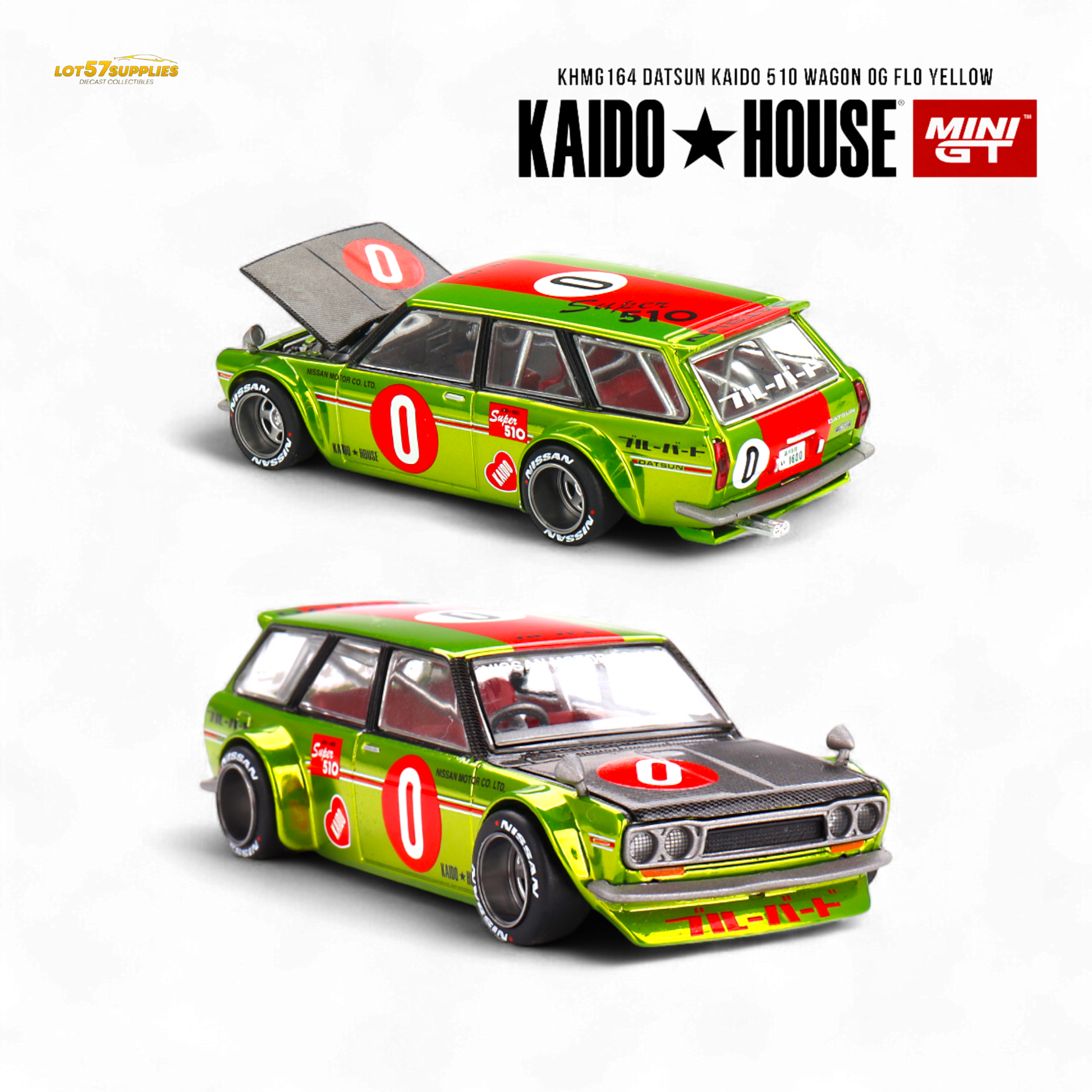 Mini GT Datsun 510 Wagon diecast model in yellow, 1:64 scale, showcasing detailed exterior from Lot57Supplies Diecast Shop