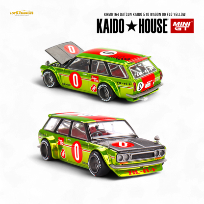 Mini GT Datsun 510 Wagon diecast model in yellow, 1:64 scale, showcasing detailed exterior from Lot57Supplies Diecast Shop
