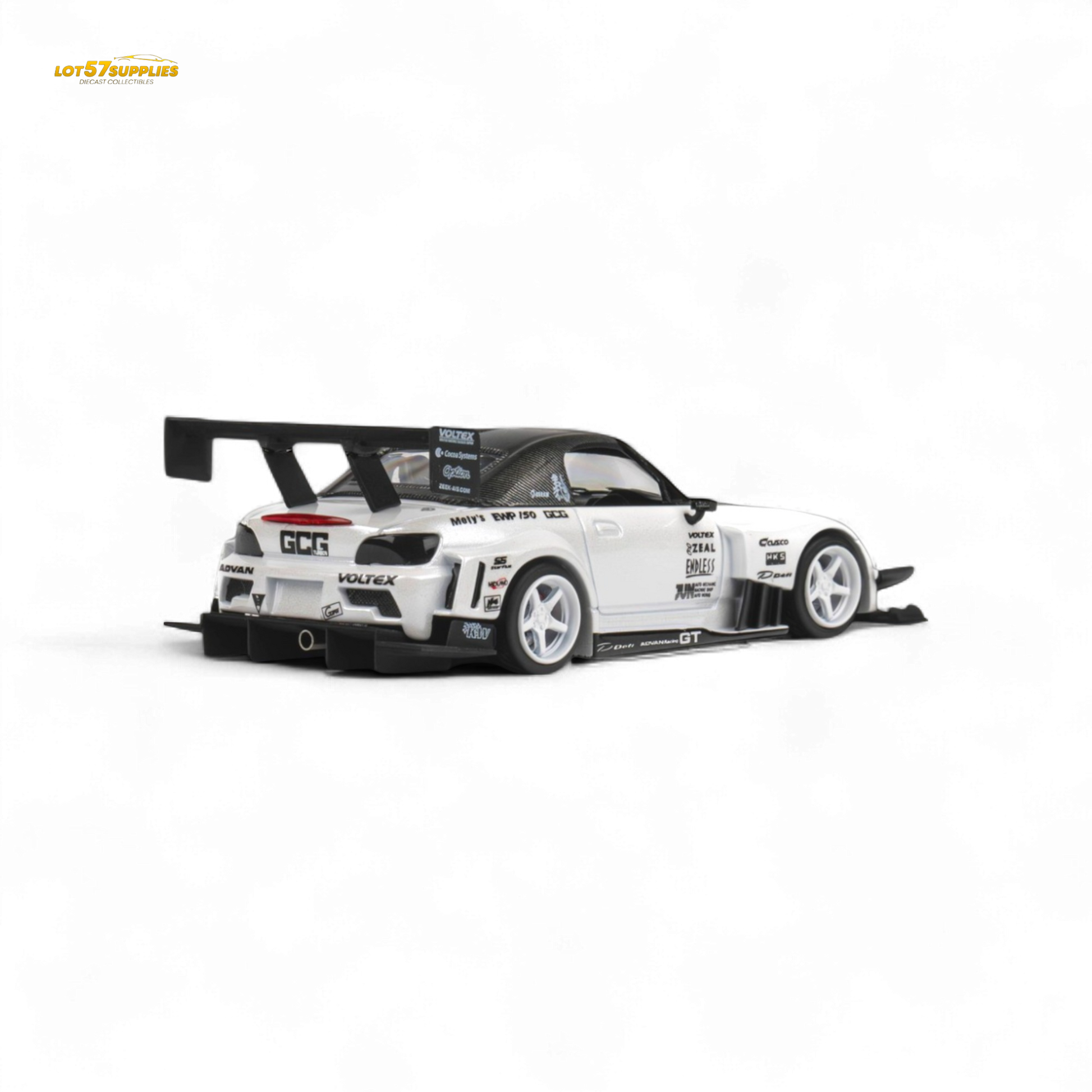 Metallic white Honda S2000 microturbo diecast car in 1:64 scale, detailed model from Lot57Supplies Diecast Shop.