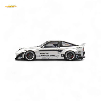 White Nissan 180SX MicroTurbo diecast model with Pandem Rocket Bunny body kit, detailed miniature car collectible.