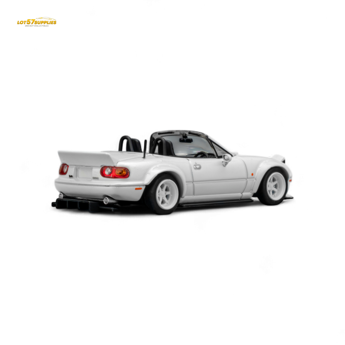 Metallic white Microturbo Custom MX5 Rocket Bunny diecast car by Lot57Supplies, detailed Mazda 1:64 scale model with custom body kit.