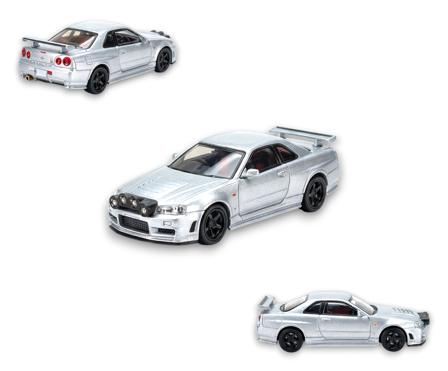 Silver Nissan R34 GT-R diecast model car from Street Weapon, 1:64 scale, with snow drift details, by Lot57Supplies Diecast Shop