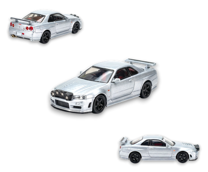 Silver Nissan R34 GT-R diecast model car from Street Weapon, 1:64 scale, with snow drift details, by Lot57Supplies Diecast Shop