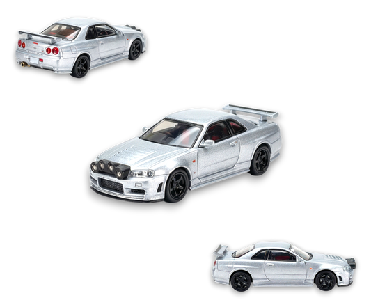 Silver Nissan R34 GT-R diecast model car from Street Weapon, 1:64 scale, with snow drift details, by Lot57Supplies Diecast Shop
