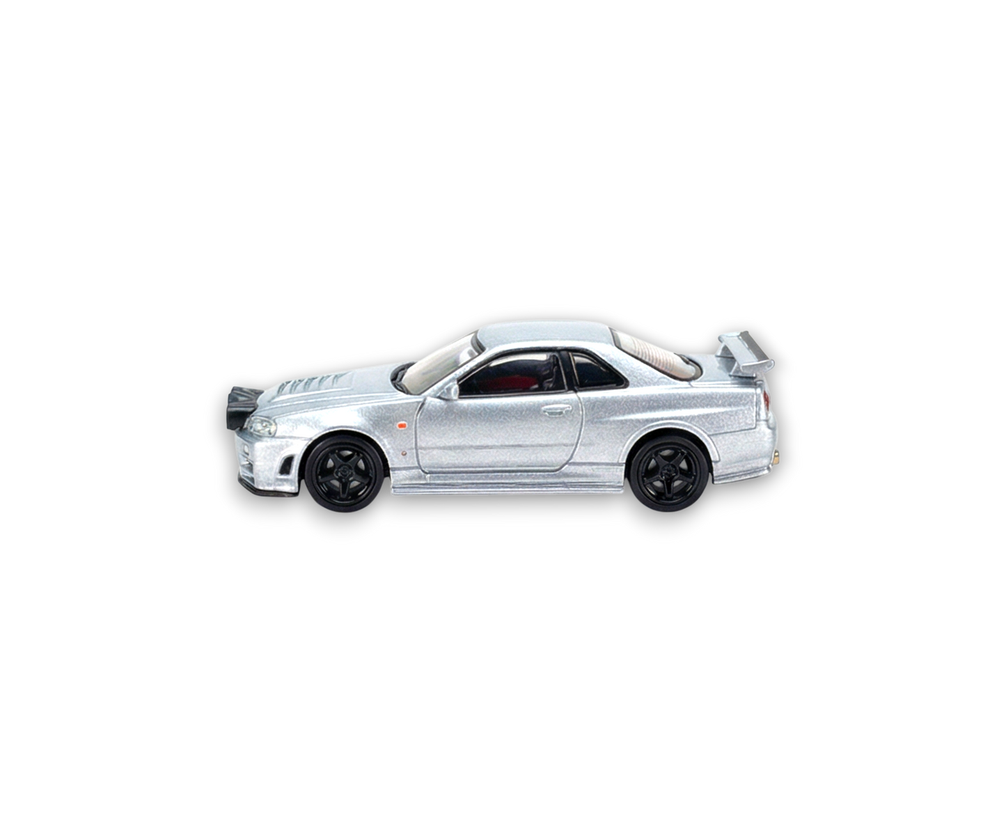 Silver Nissan R34 GT-R diecast model car from Street Weapon, detailed 1:64 scale with snow drift design by Lot57Supplies Diecast Shop.
