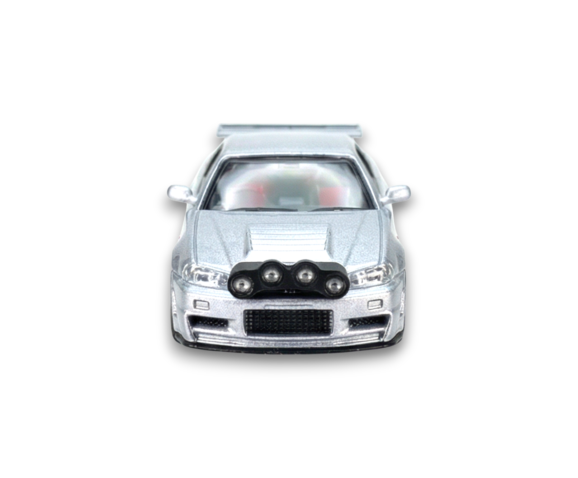 Silver Nissan R34 GT-R diecast model from Lot57Supplies, detailed 1:64 scale street weapon with snow drift design.