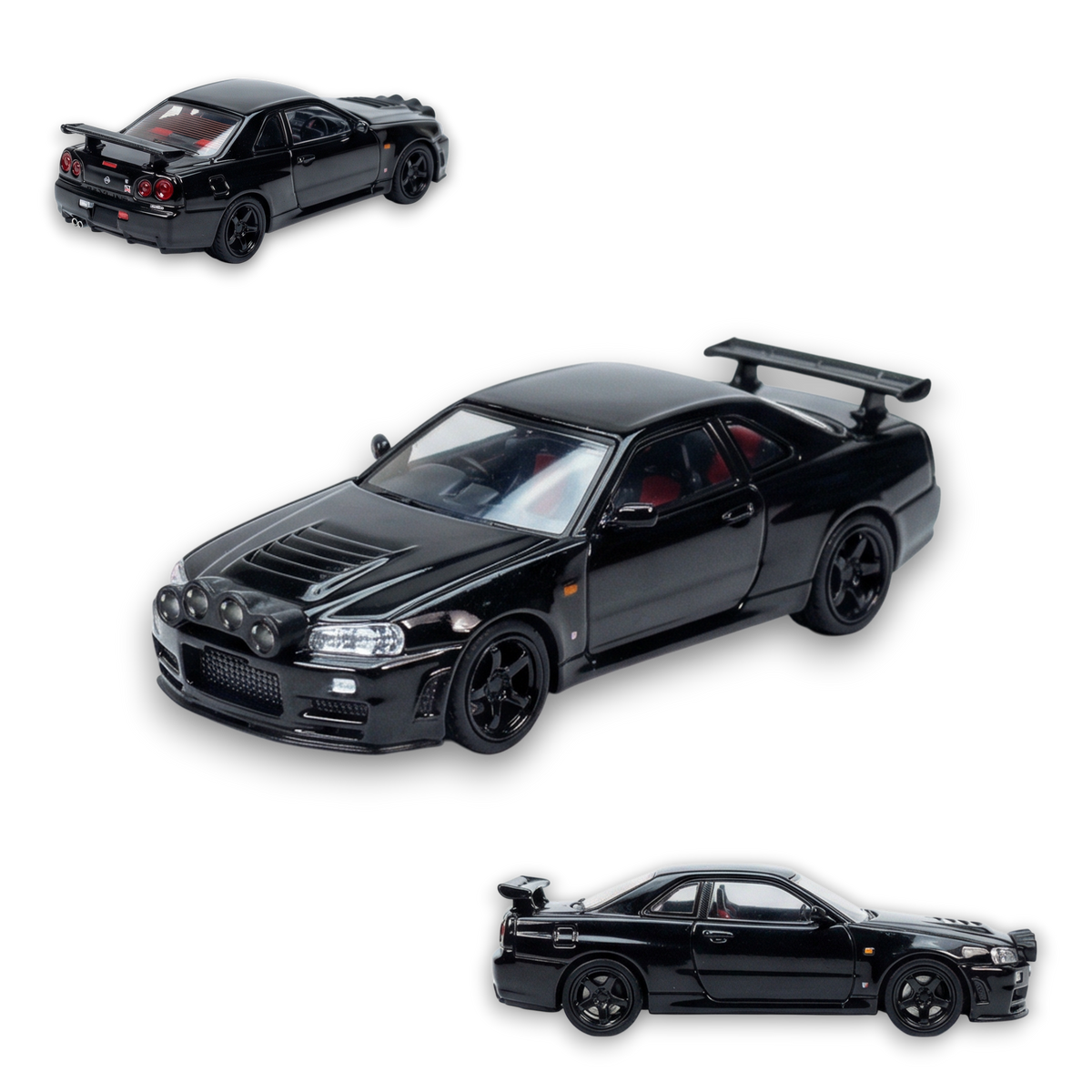 Black Nissan R34 GT-R diecast model car from Street Weapon, 1:64 scale, with snow drift details, by Lot57Supplies Diecast Shop.