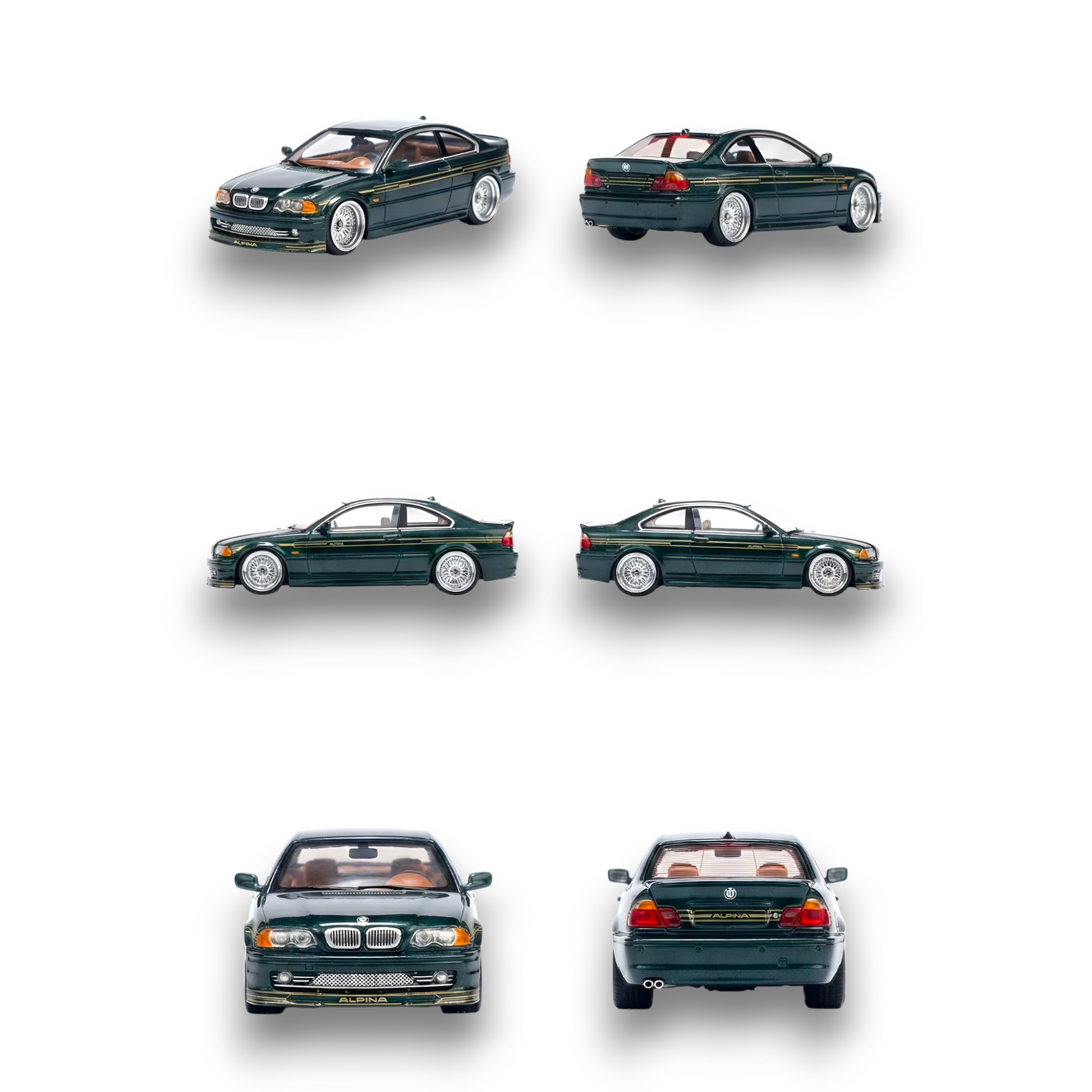 Diecast BMW E46 Alpina B3 model in British Green, 1:64 scale from Lot57Supplies Diecast Shop, detailed miniature car.
