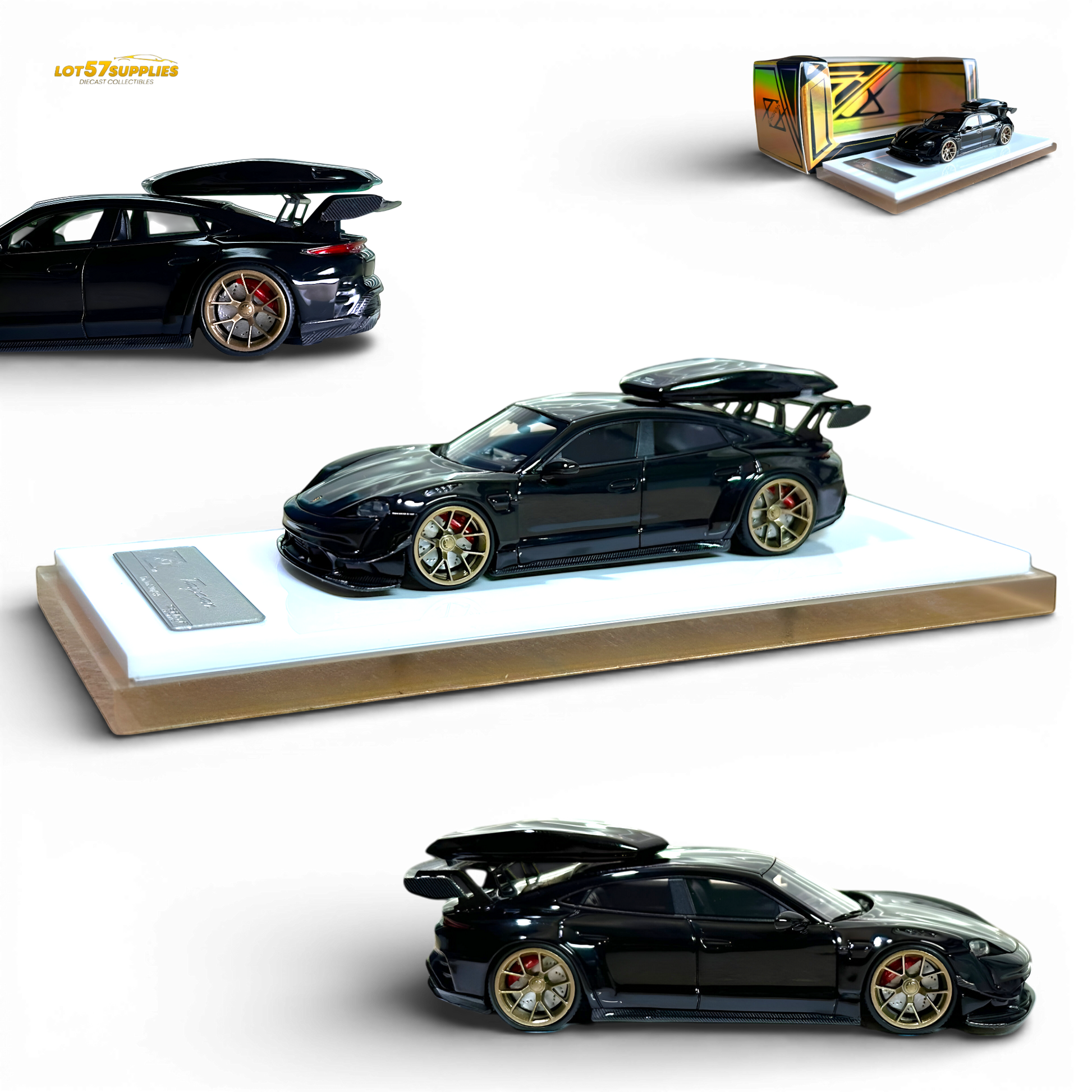 Diecast Porsche Taycan 1:64 model in black with roof box, detailed miniature car from Lot57Supplies Diecast Shop.