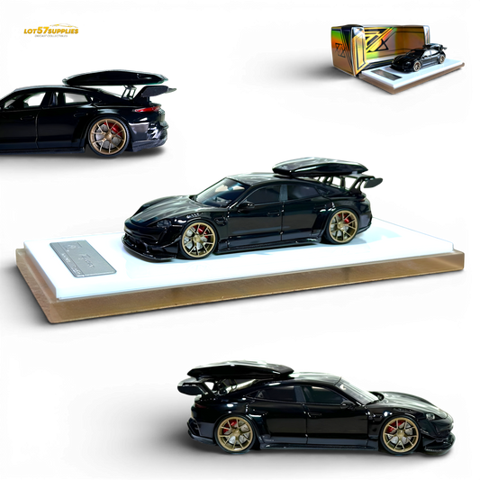 Diecast Porsche Taycan 1:64 model in black with roof box, detailed miniature car from Lot57Supplies Diecast Shop.