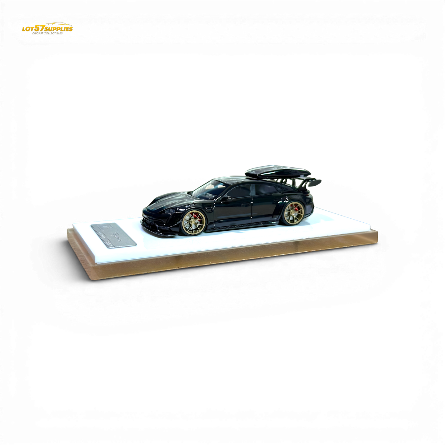 Porsche Taycan diecast model in black with roof box, 1:64 scale, detailed miniature car by Lot57Supplies Diecast Shop