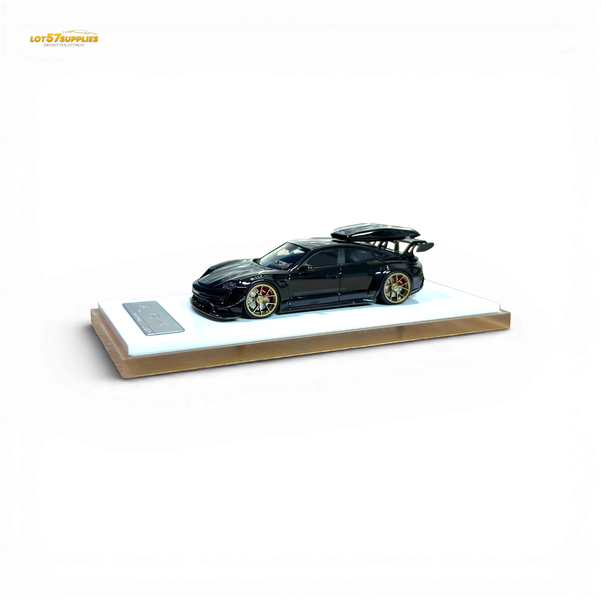 Porsche Taycan diecast model in black with roof box, 1:64 scale, detailed miniature car by Lot57Supplies Diecast Shop