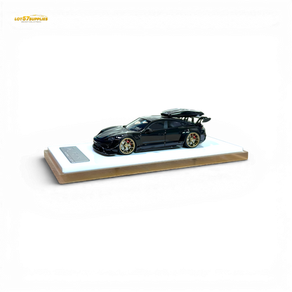 Porsche Taycan diecast model in black with roof box, 1:64 scale, detailed miniature car by Lot57Supplies Diecast Shop