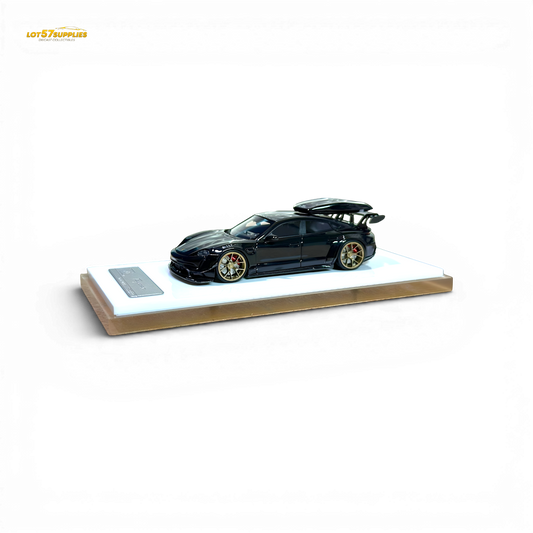 Porsche Taycan diecast model in black with roof box, 1:64 scale, detailed miniature car by Lot57Supplies Diecast Shop