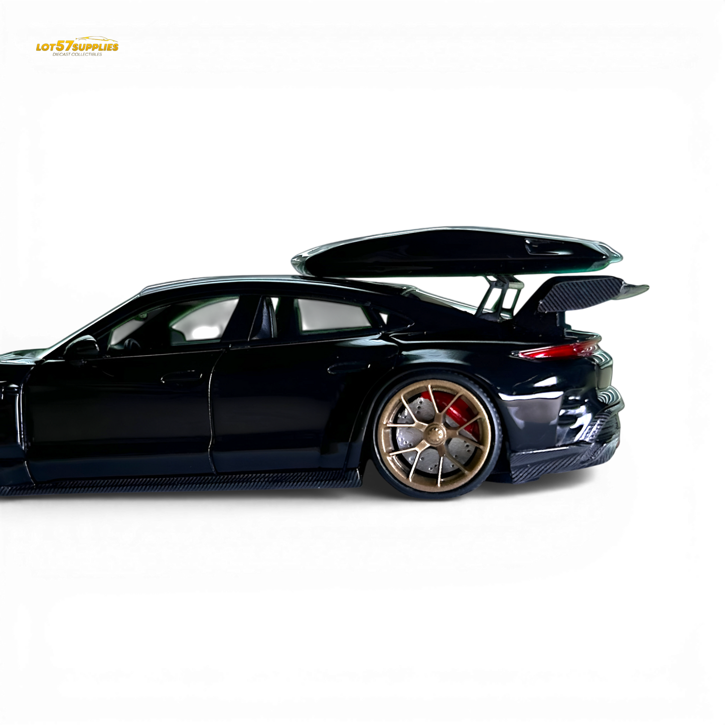 Black Porsche Taycan 1:64 diecast model with roof box, detailed scale replica by Lot57Supplies Diecast Shop