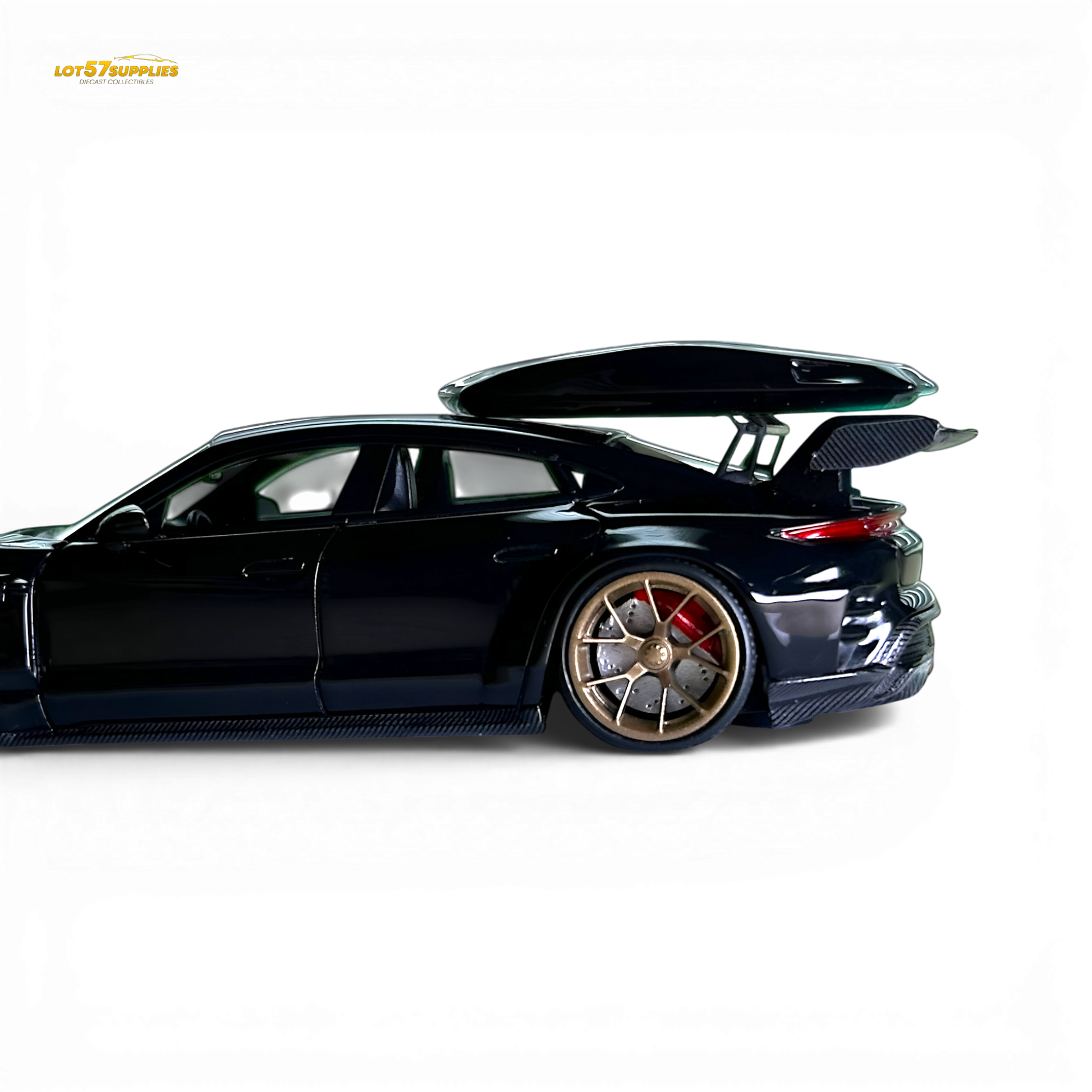 Black Porsche Taycan 1:64 diecast model with roof box, detailed scale replica by Lot57Supplies Diecast Shop