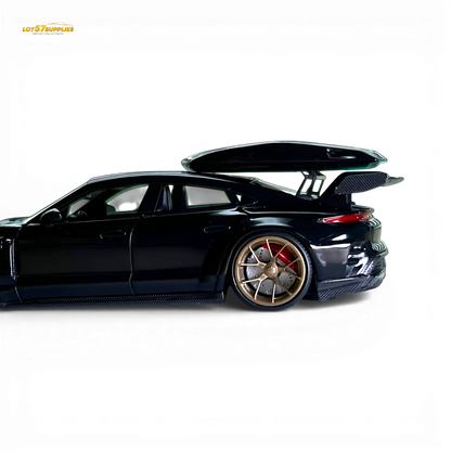 Black Porsche Taycan 1:64 diecast model with roof box, detailed scale replica by Lot57Supplies Diecast Shop
