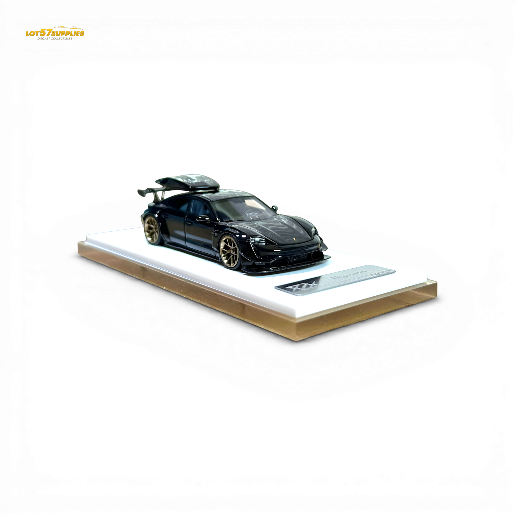 Black Porsche Taycan diecast model with roof box, 1:64 scale, detailed miniature car by Lot57Supplies Diecast Shop.