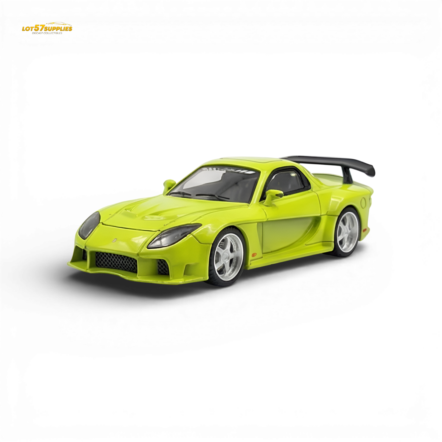 Green Mazda RX-7 VeilSide diecast model by Lot57Supplies, detailed 1:64 scale car with sleek design and vibrant color.