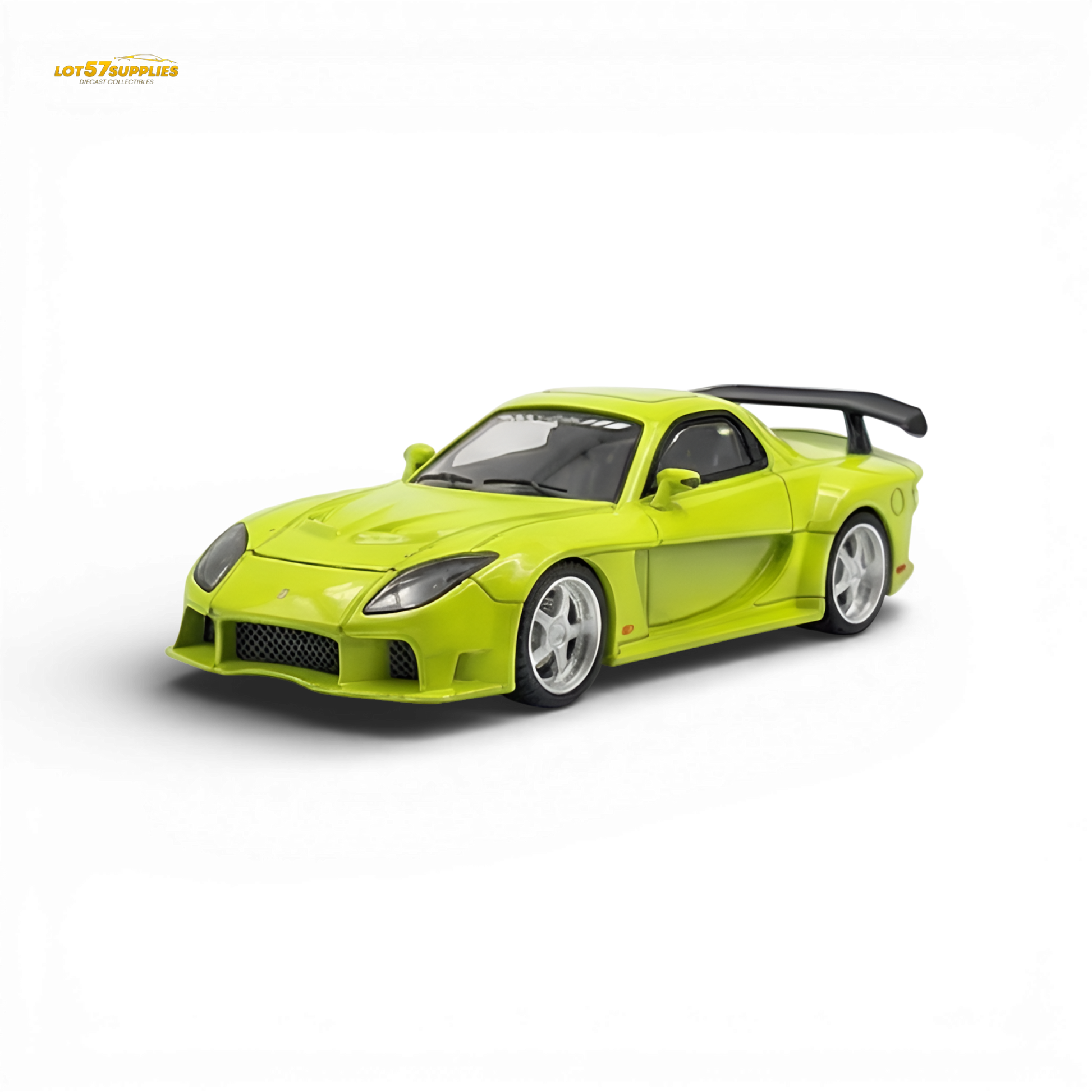 Green Mazda RX-7 VeilSide diecast model by Lot57Supplies, detailed 1:64 scale car with sleek design and vibrant color.