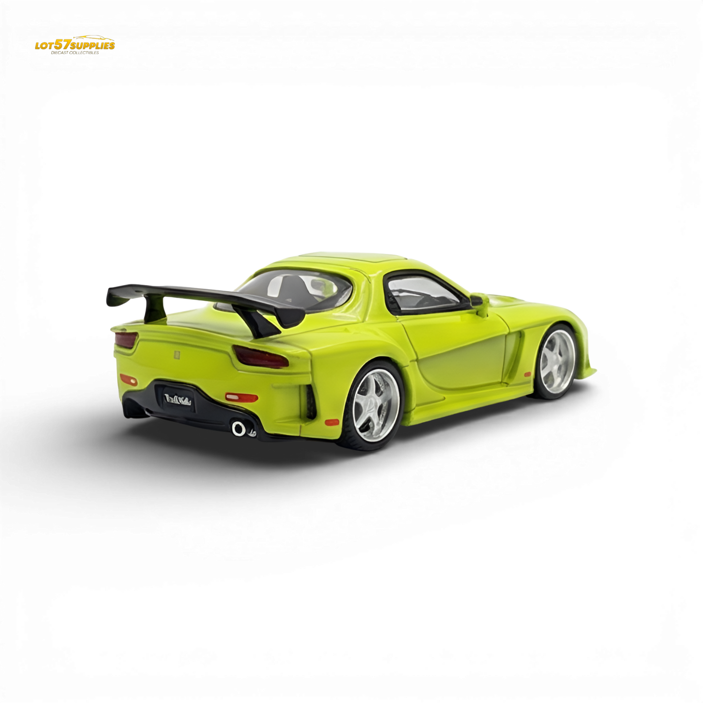 Green Mazda RX-7 VeilSide diecast model in 1:64 scale by Lot57Supplies Diecast Shop, showcasing detailed exterior features.