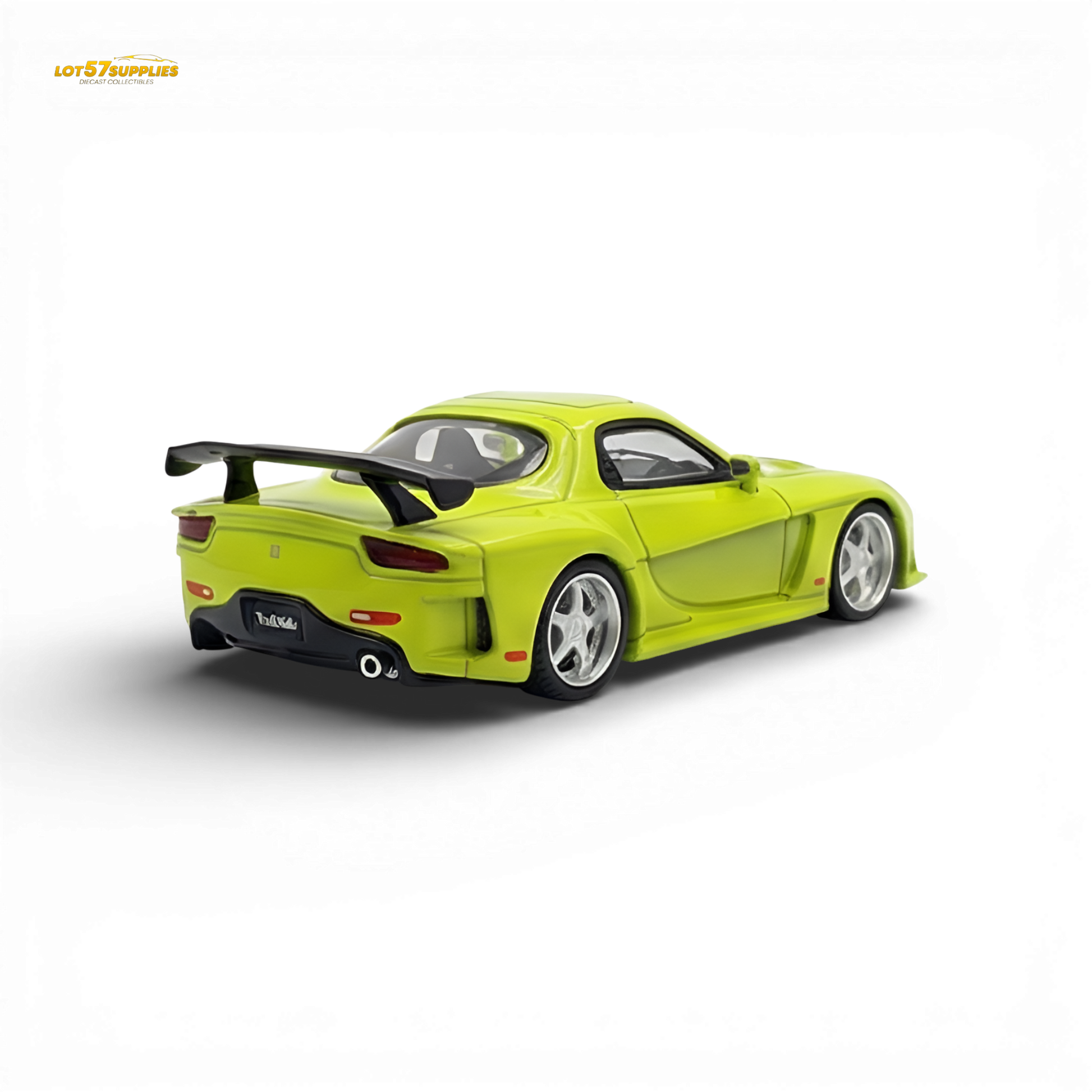 Green Mazda RX-7 VeilSide diecast model in 1:64 scale by Lot57Supplies Diecast Shop, showcasing detailed exterior features.