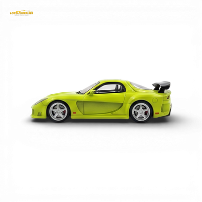 Green Mazda RX-7 VeilSide diecast model in 1:64 scale from Lot57Supplies, detailed miniature car with vibrant green finish.