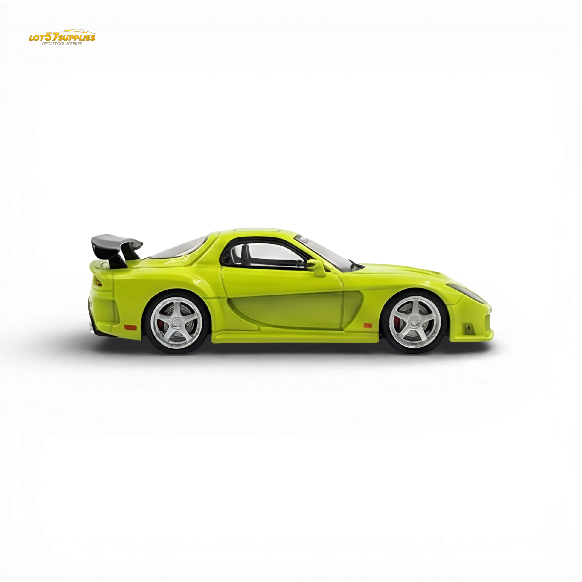 Green Mazda RX-7 VeilSide diecast model in 1:64 scale by Lot57Supplies Diecast Shop, detailed miniature collectible.