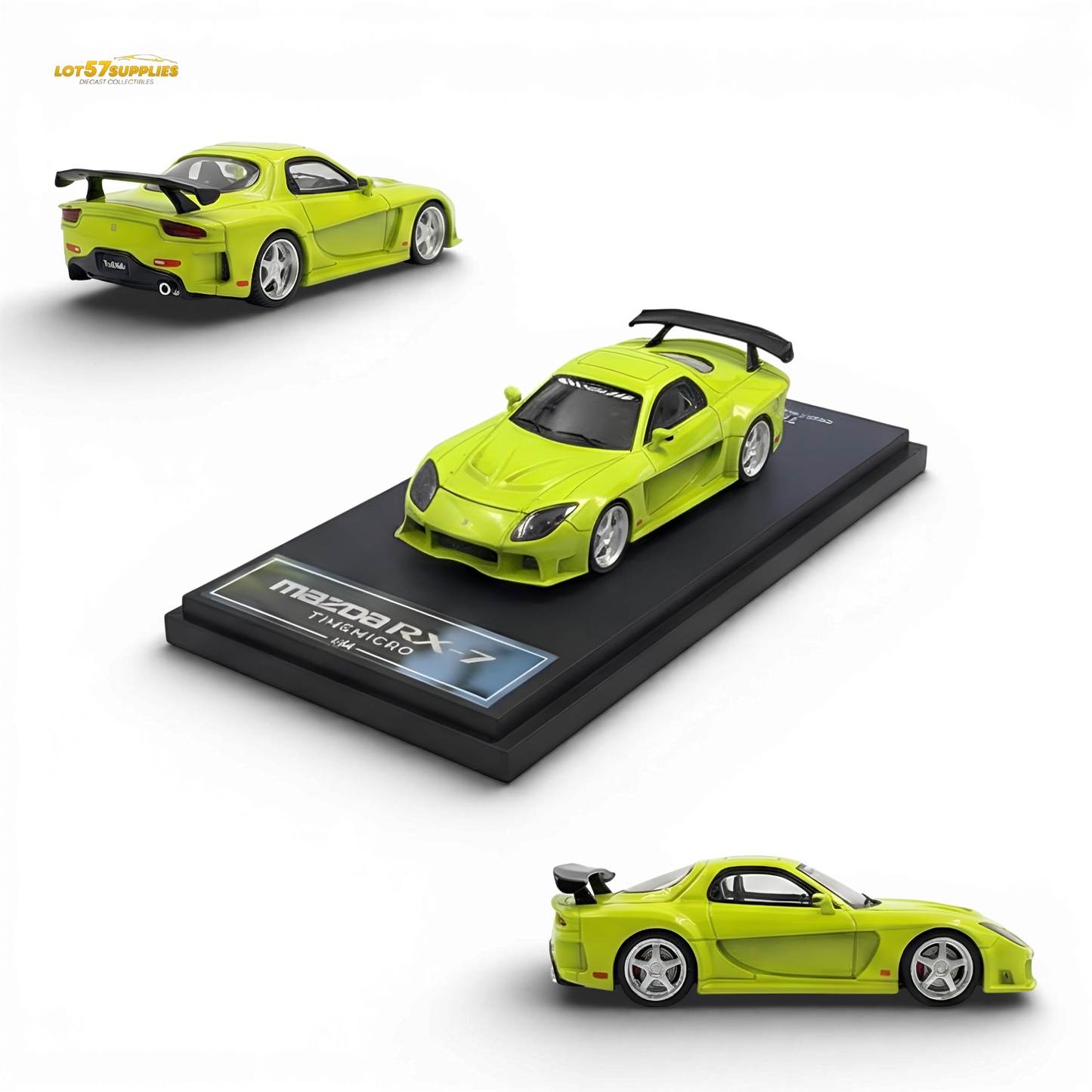 Green Mazda RX-7 VeilSide diecast model in 1:64 scale by Lot57Supplies Diecast Shop, detailed miniature car on white background.