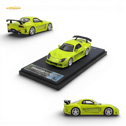Green Mazda RX-7 VeilSide diecast model in 1:64 scale by Lot57Supplies Diecast Shop, detailed miniature car on white background.