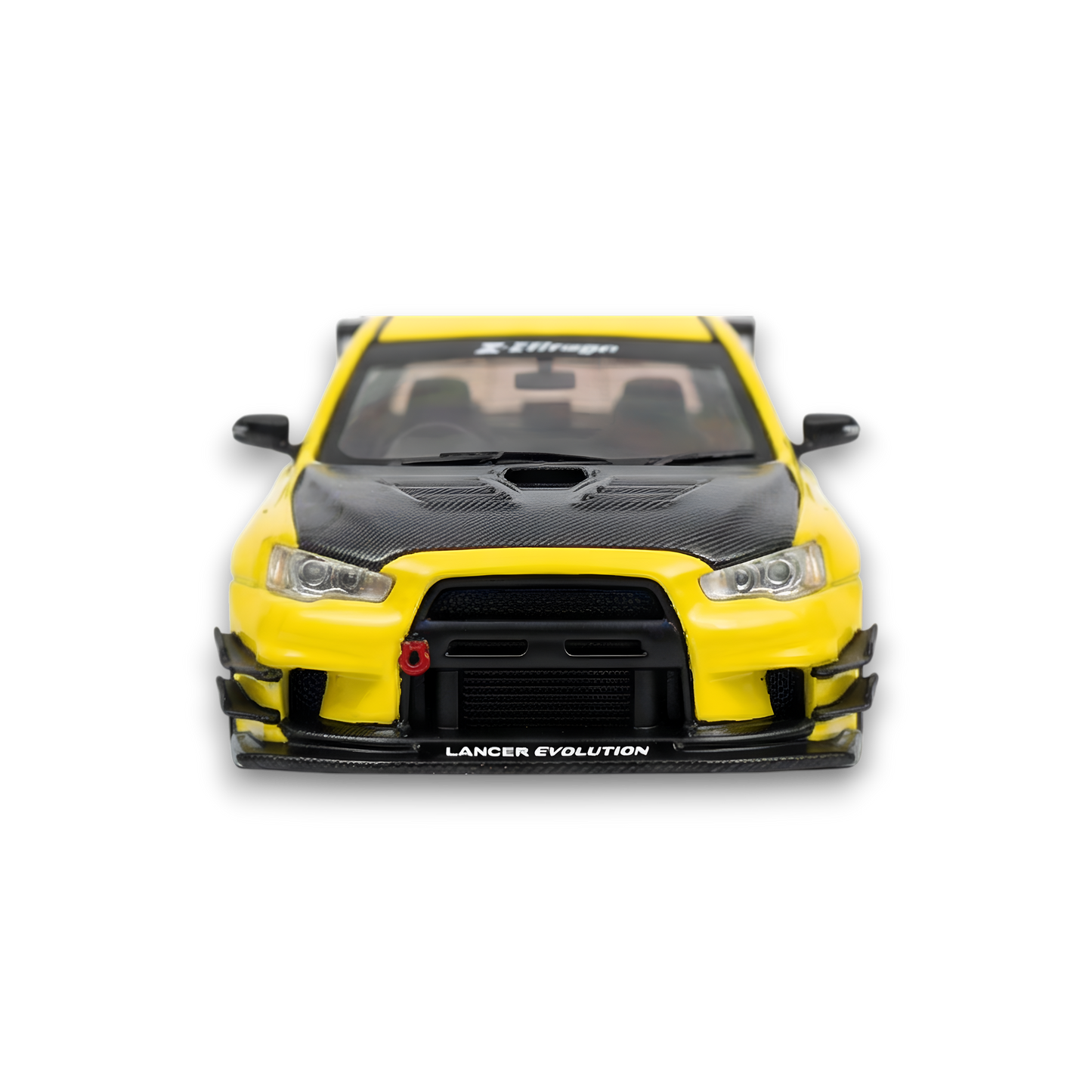 Yellow Mitsubishi Evolution X 1:64 scale diecast car with widebody kit and Varis styling, detailed model from Lot57Supplies.