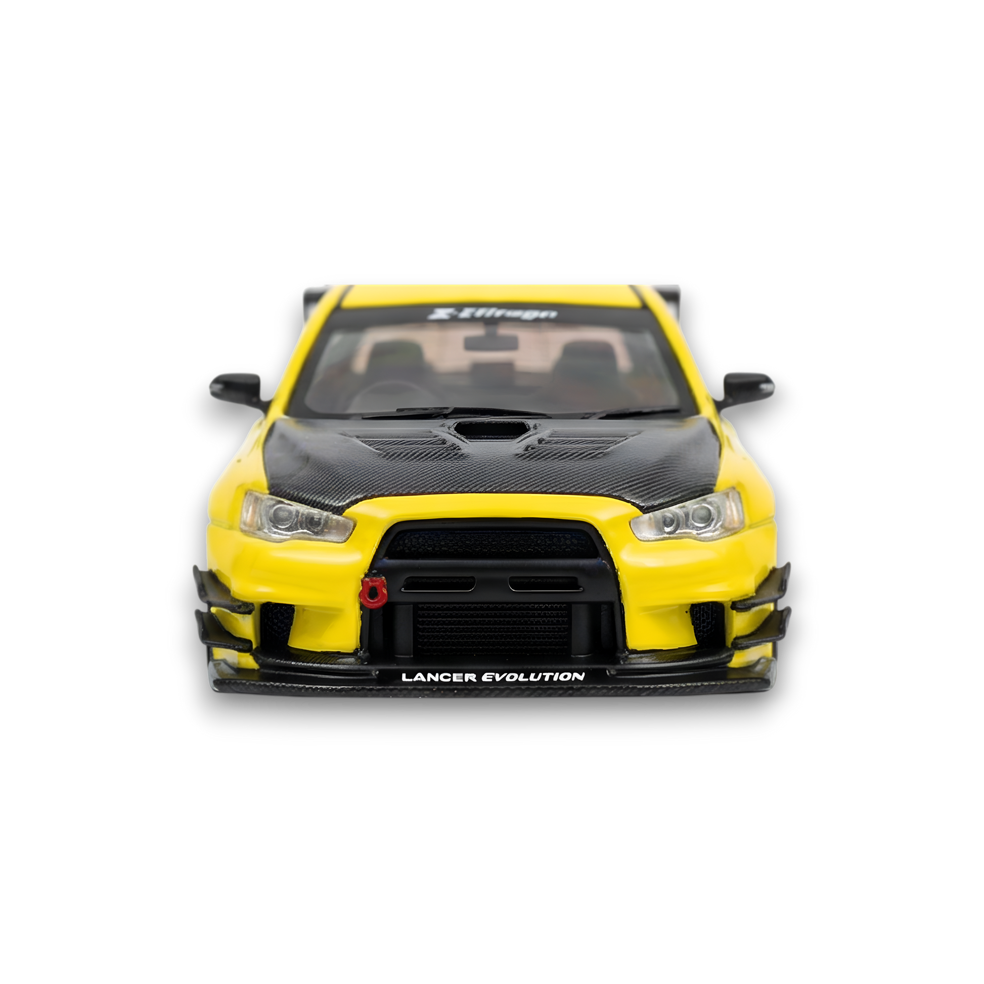 Yellow Mitsubishi Evolution X 1:64 scale diecast car with widebody kit and Varis styling, detailed model from Lot57Supplies.