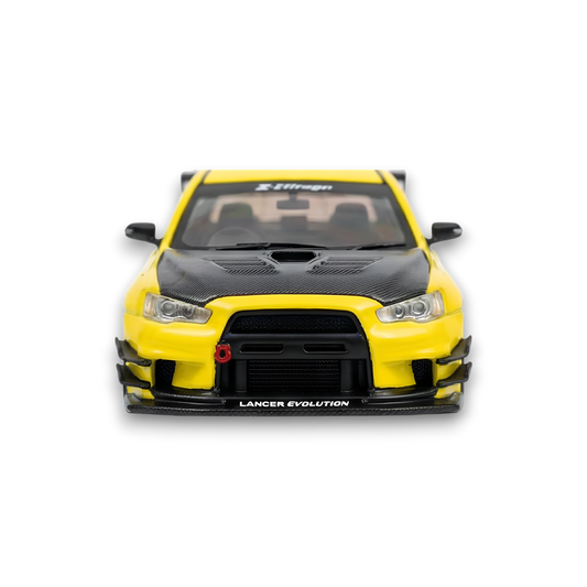 Yellow Mitsubishi Evolution X 1:64 scale diecast car with widebody kit and Varis styling, detailed model from Lot57Supplies.