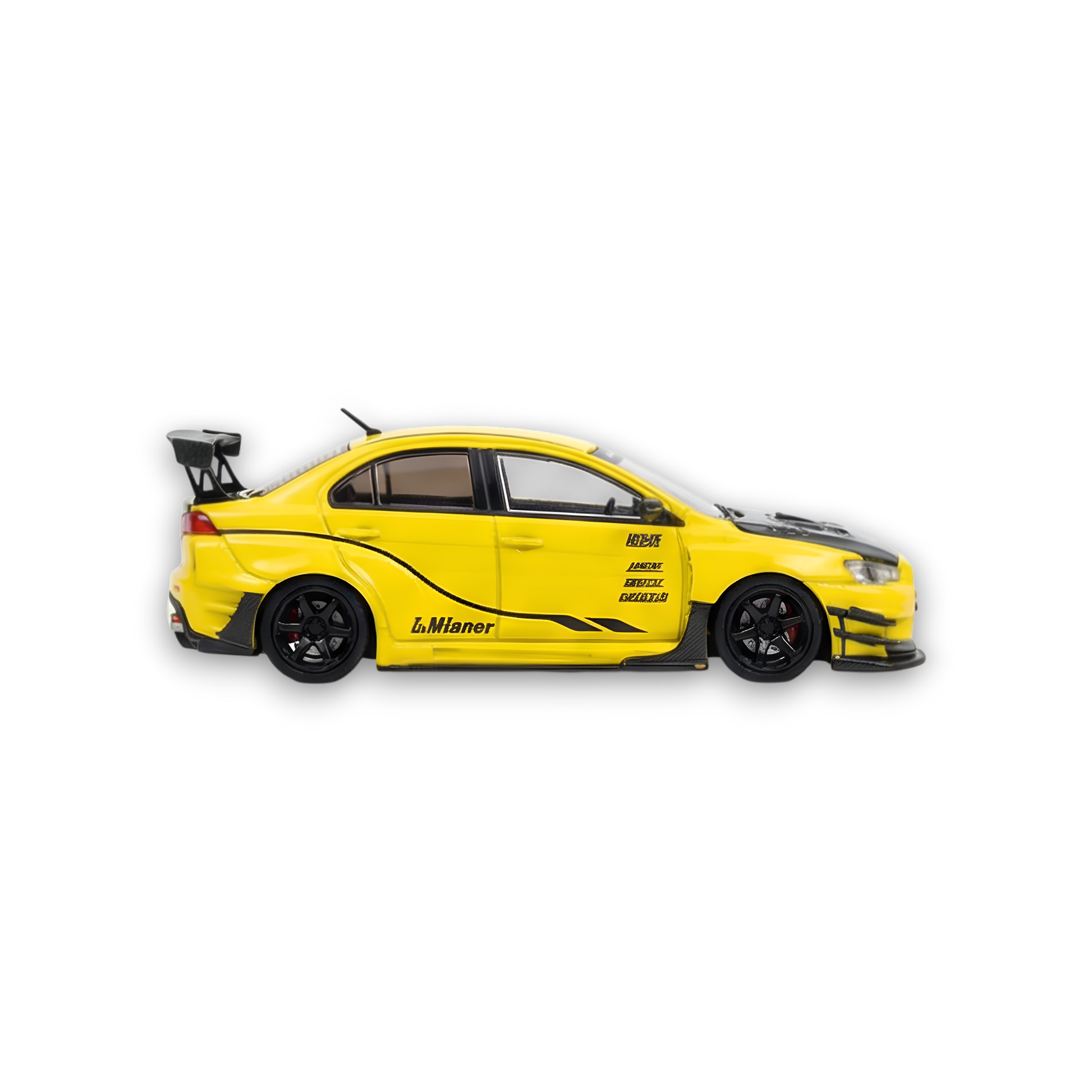 Yellow Mitsubishi Evolution X 1:64 diecast model with widebody kit by Varis, detailed miniature car collectible.