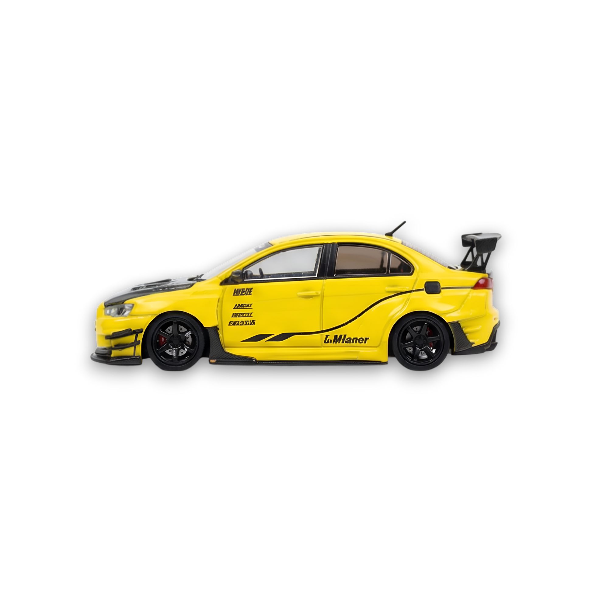 Yellow Mitsubishi Evolution X 1:64 diecast model with Varis widebody kit, detailed scale car by Lot57Supplies Diecast Shop.