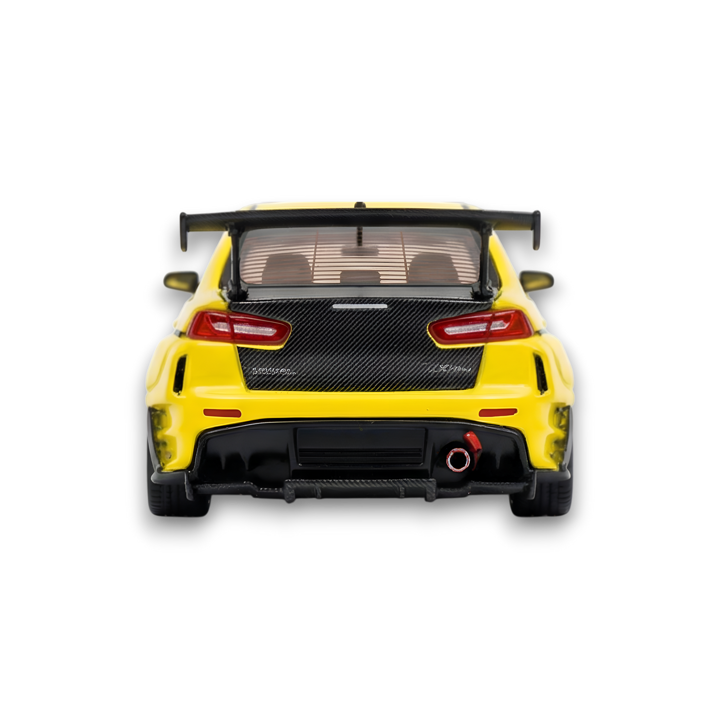 Yellow Mitsubishi Evolution X 1:64 diecast model with Varis widebody kit, detailed miniature car from Lot57Supplies Diecast Shop.