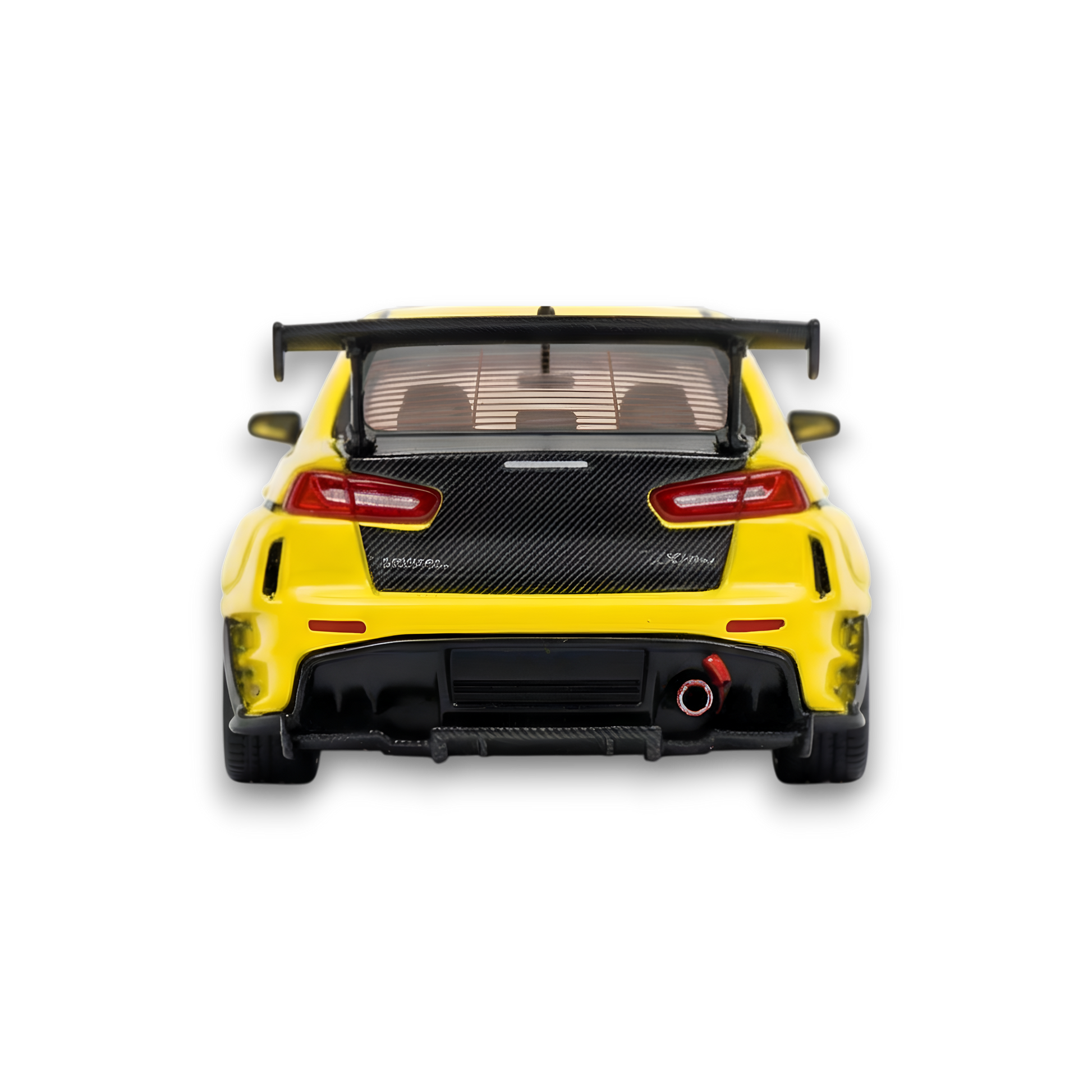 Yellow Mitsubishi Evolution X 1:64 diecast model with Varis widebody kit, detailed miniature car from Lot57Supplies Diecast Shop.