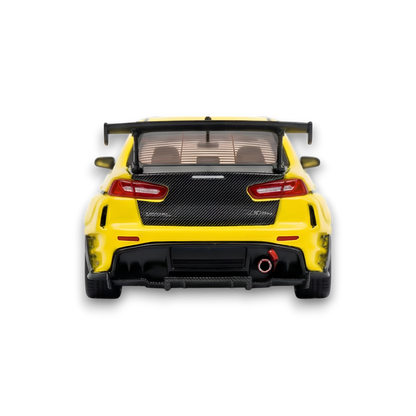 Yellow Mitsubishi Evolution X 1:64 diecast model with Varis widebody kit, detailed miniature car from Lot57Supplies Diecast Shop.