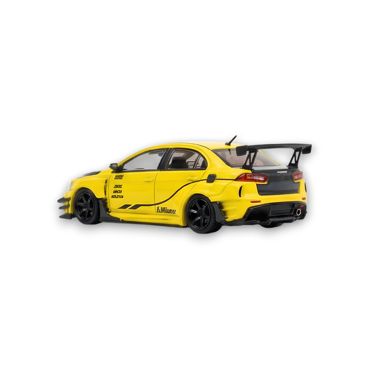 Yellow Mitsubishi Evolution X 1:64 diecast model with widebody kit by Varis, detailed scale collectible from Lot57Supplies Diecast Shop.