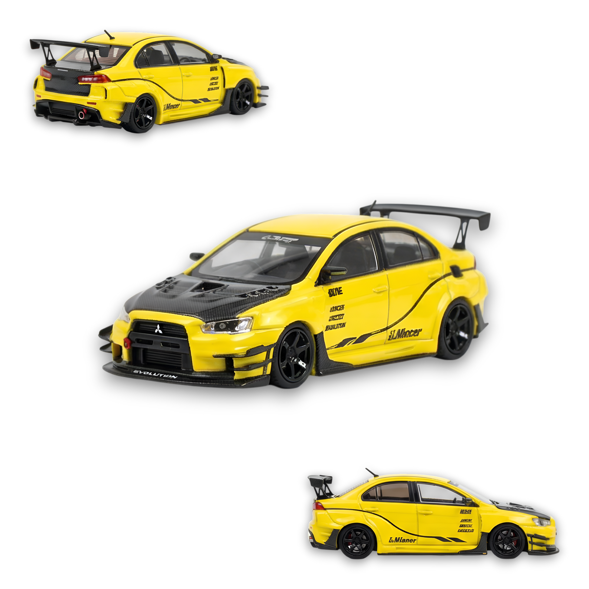 Yellow Mitsubishi Evolution X diecast model with widebody kit by Varis, detailed 1:64 scale collectible car.
