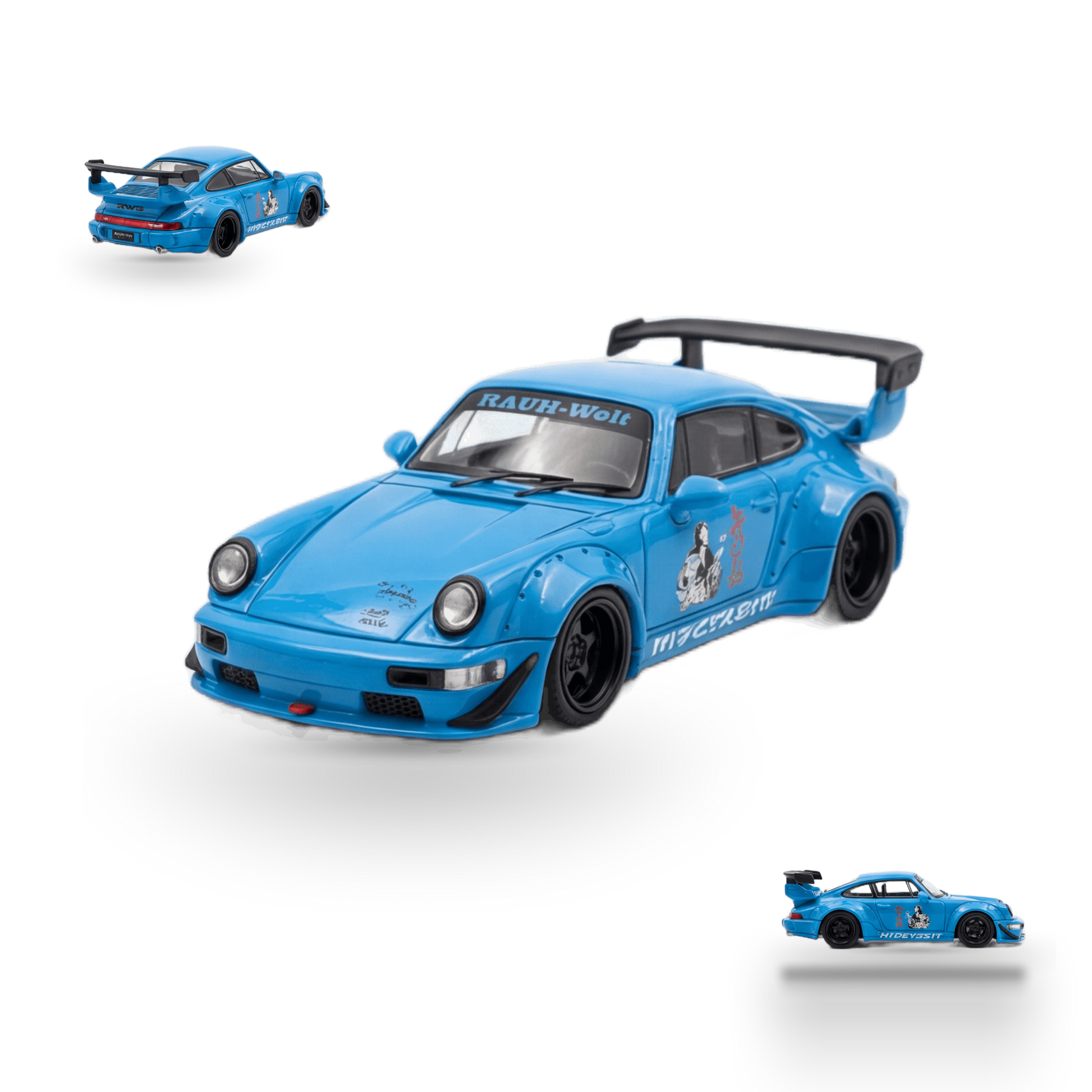Blue Mini Station Porsche 911 964 RWB HIDEYOSHI diecast model in 1:64 scale, detailed Porsche replica by Lot57Supplies Diecast Shop.