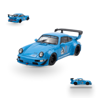 Blue Mini Station Porsche 911 964 RWB HIDEYOSHI diecast model in 1:64 scale, detailed Porsche replica by Lot57Supplies Diecast Shop.
