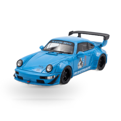 Blue Mini Station Porsche 911 964 RWB HIDEYOSHI diecast model in 1:64 scale, detailed Porsche toy car with vibrant blue finish.