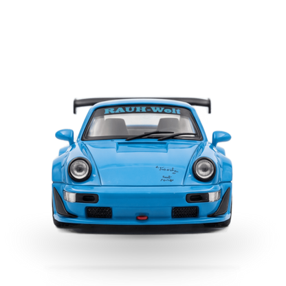 Blue Mini Station Porsche 911 964 RWB HIDEYOSHI diecast model in 1:64 scale, detailed Porsche collector's item.