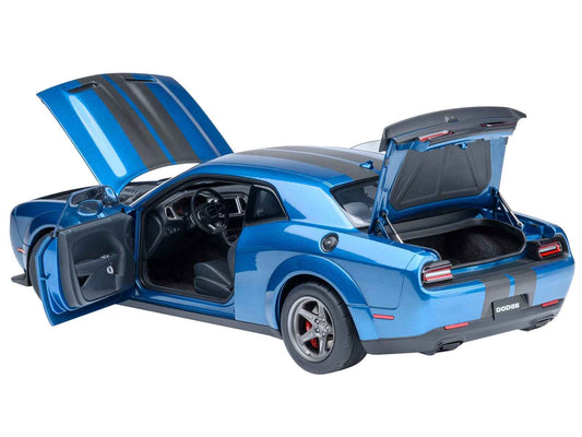 2023 Dodge Challenger SRT Super Stock Frostbite Blue Metallic with Carbon Stripes 1/18 Model Car by Autoart