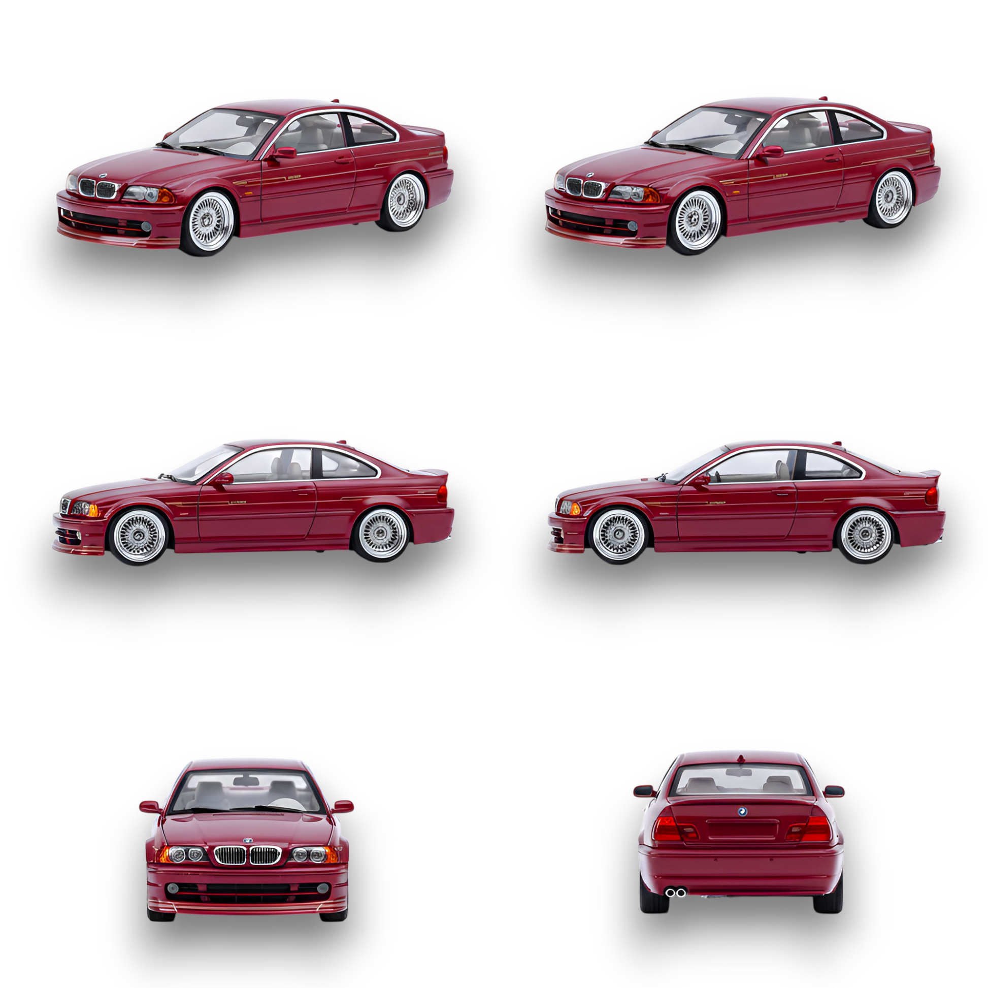 BMW E46 Alpina B3 diecast model in deep wine red, 1:64 scale, detailed miniature from Lot57Supplies Diecast Shop.