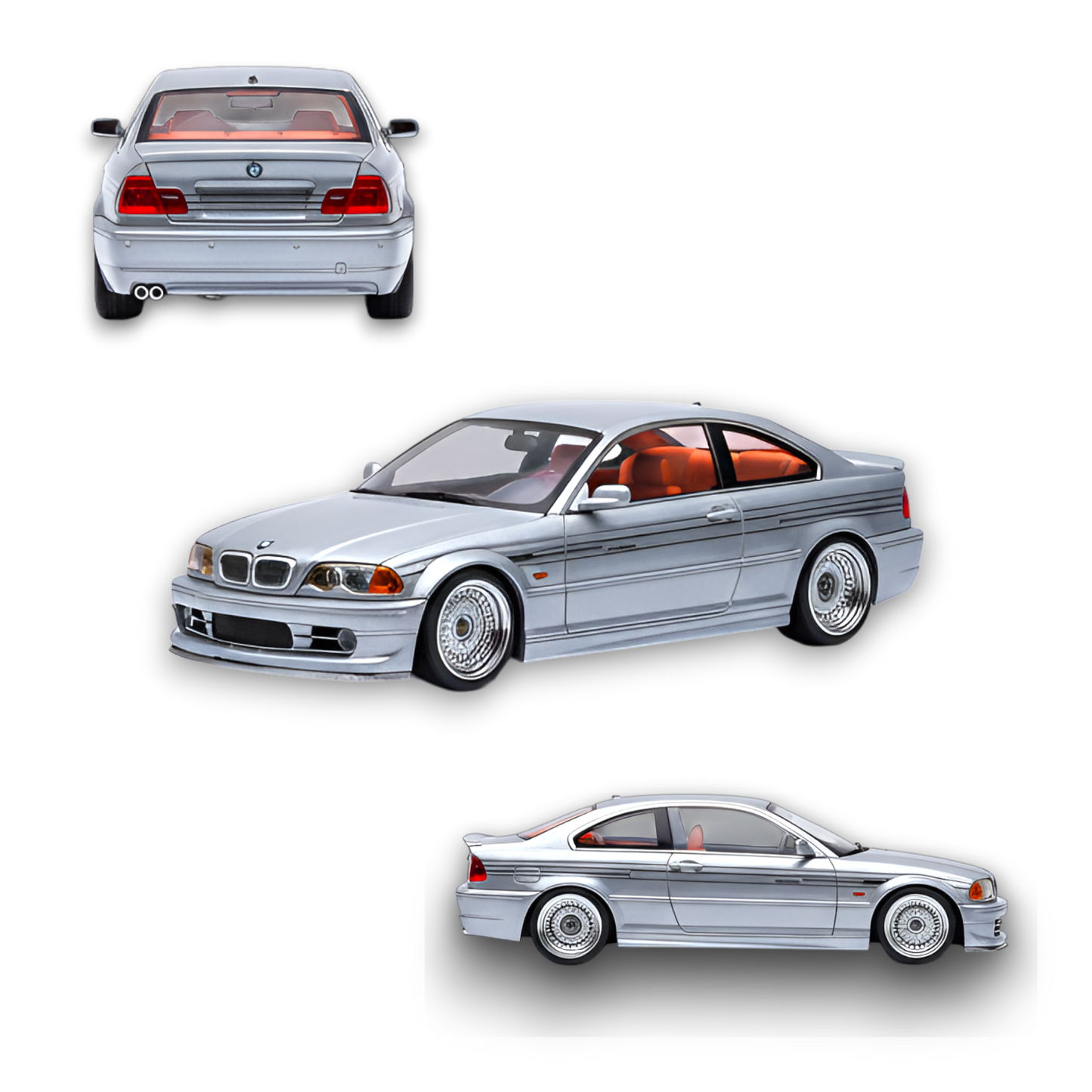 Scale model BMW E46 Alpina B3 diecast car in Titan Silver, detailed miniature vehicle from Lot57Supplies Diecast Shop.