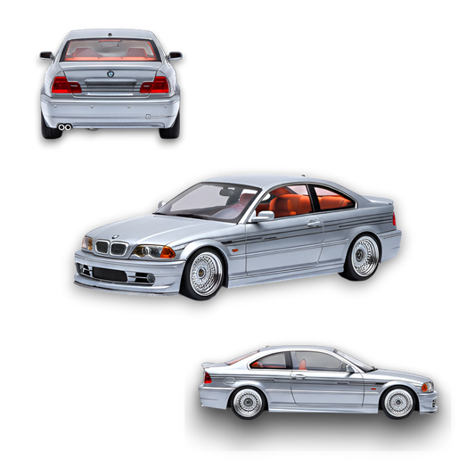 Scale model BMW E46 Alpina B3 diecast car in Titan Silver, detailed miniature vehicle from Lot57Supplies Diecast Shop.