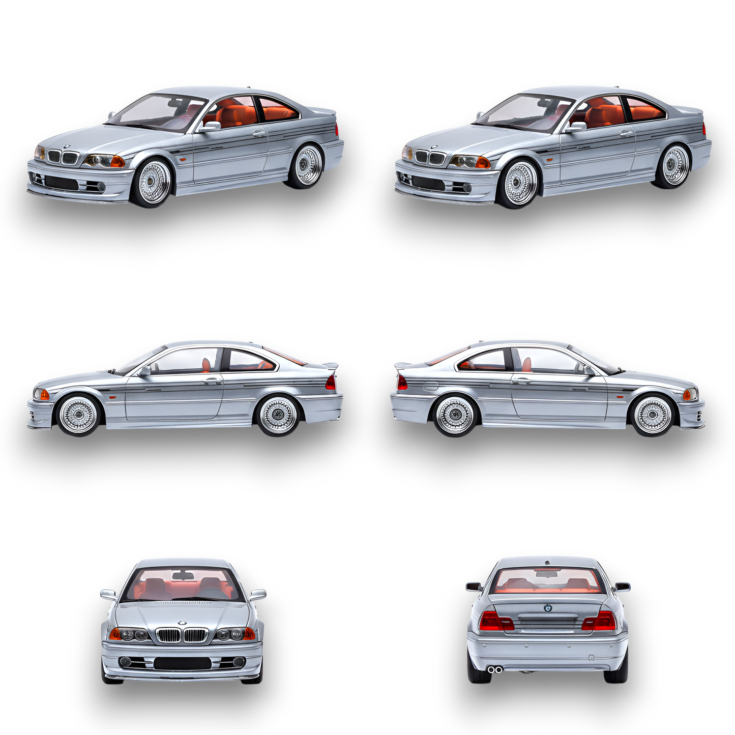 Diecast BMW E46 Alpina B3 model in Titan Silver, 1:64 scale, showcasing detailed features and sleek design from Lot57Supplies.